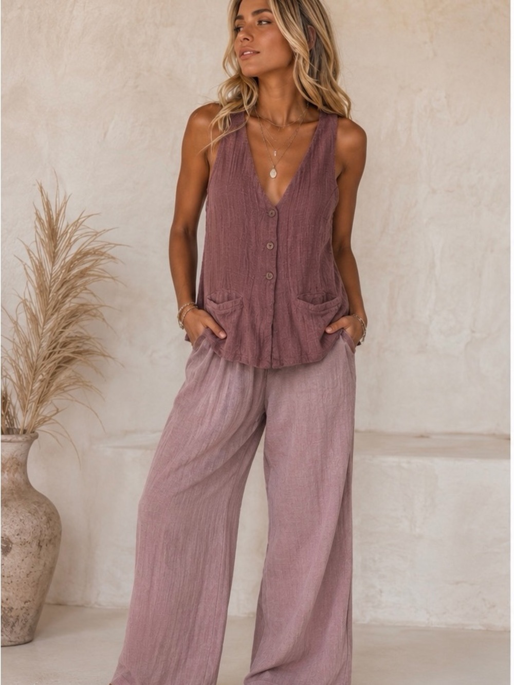 NWOT Free People L Mauve Button-Front Sleeveless Halter Low Back Tie TOP ONLY‎
